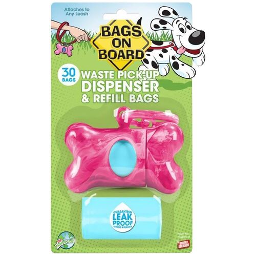 Bags on Board Dog Poop Bag Dispenser + Bonus 30 Bags - Pink Marble Bone