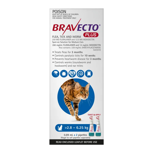 Bravecto Plus Cat Med 2.8Kg - 6.25Kg Blue (2Pk) 