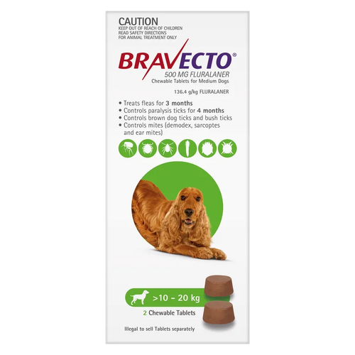 Bravecto Dog Med 10Kg - 20Kg Green (2Pk) 