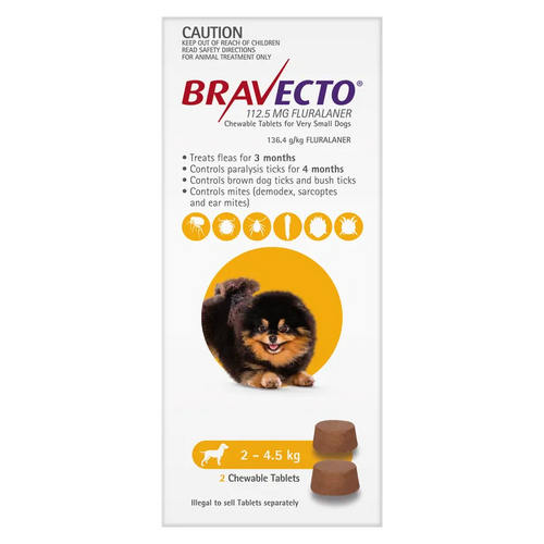 Bravecto Dog X Sml 2Kg - 4.5Kg Yellow (2Pk) 