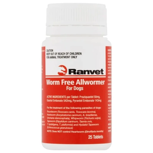 Ranvet Worm Free Allwormer (Red Lable) 10Kg Dog 25 Tabs 