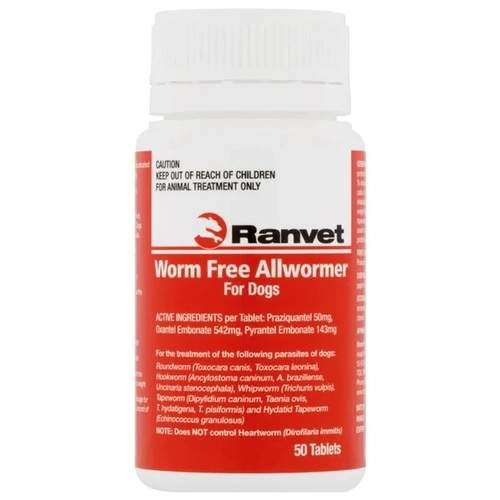 Ranvet Worm Free Allwormer (Red Label) 10Kg Dog 50 Tabs 