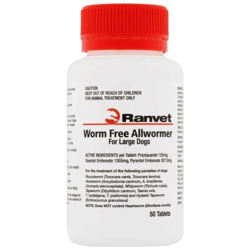 Ranvet Worm Free Allwormer (White Label)25Kg L Dog 50Tabs 