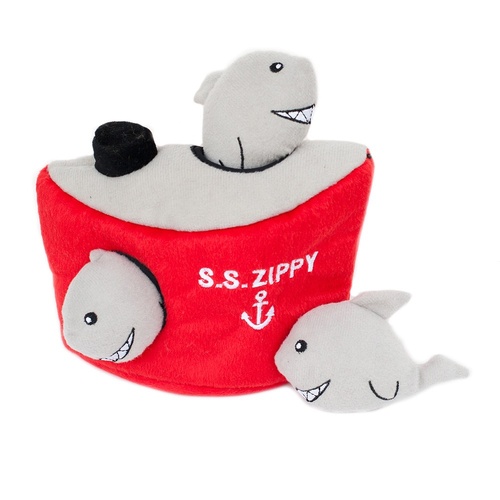 Zippy Paws Interactive Burrow Dog Toy - 3 Squeaker Sharks in a Ship