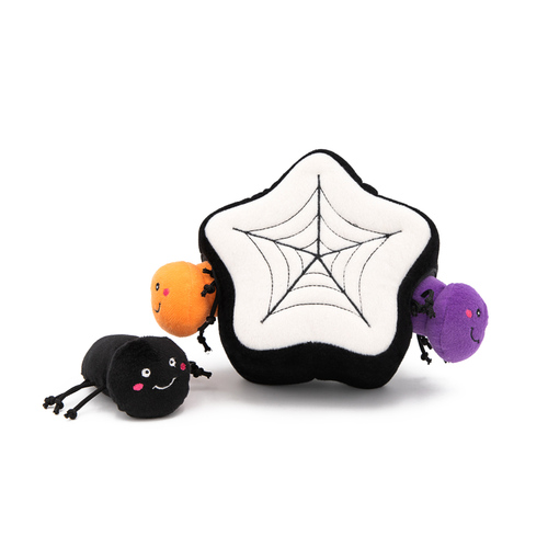 Zippy Paws Halloween Burrow Interactive Dog Toy - 3 Squeaker Spiders in a Spiderweb